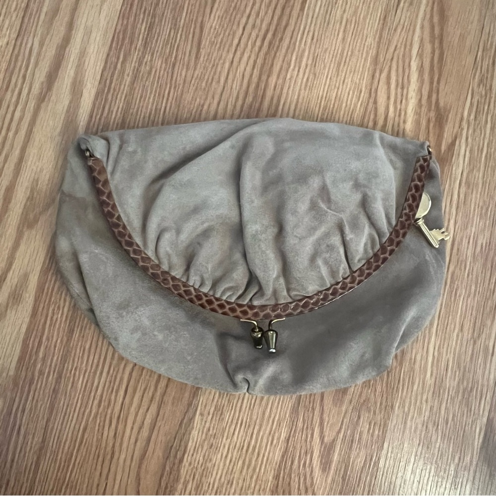 Vintage Ruth Saltz Suede‎ Kiss Lock Clutch Snakeskin Trim taupe brown